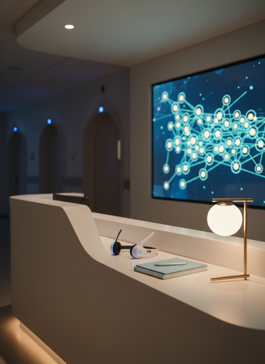 A warmly lit, photographic nighttime nurses’ station with a curved, white counter, where a large, integrated wall display shows a visual network map of connected care providers, each node glowing softly to represent an active connection. On the counter sit a pair of sleek, wireless headsets, a stack of blank communication logs, and a small, dim desk lamp with a soft halo. The background reveals softly focused doorways to patient rooms and discreet indicator lights, conveying ongoing care without showing people. Overhead ambient lighting is low, with the main glow coming from the display and lamp, creating a focused yet comforting mood. Captured at a slight three-quarter angle, the scene emphasizes always-on provider collaboration and real-time coordination.