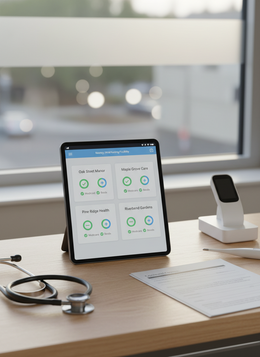A close-up, photographic view of a slim, modern tablet resting on a light wood healthcare workstation, its screen showing an intuitive, card-based interface of nearby skilled nursing facilities, each with visual indicators for current Medicaid and Medicare bed availability. Around the tablet sit neatly arranged, non-branded medical objects such as a stethoscope, a digital thermometer dock, and a small stack of blank forms, suggesting active clinical use. Soft afternoon daylight filters through a frosted window, creating gentle highlights on the tablet’s glass surface and a subtle bokeh of a hospital corridor beyond. Captured from a slightly elevated angle with a shallow depth of field, the mood is focused and reassuring, conveying efficient, technology-enabled care coordination.