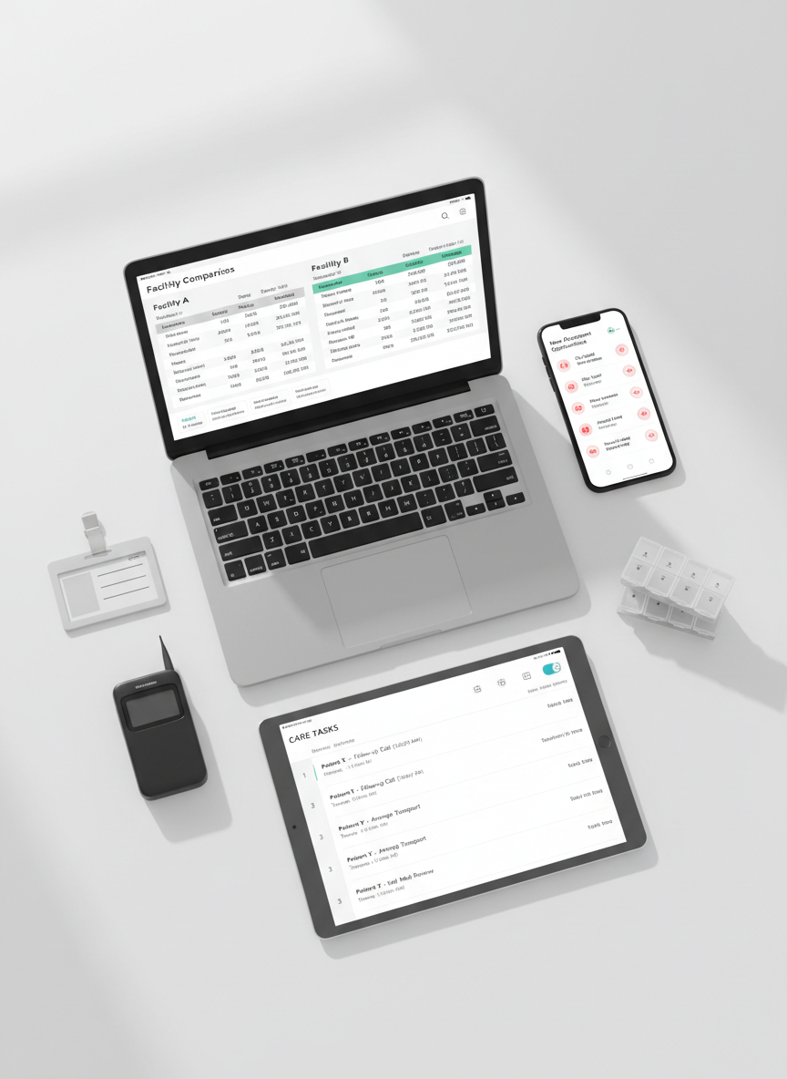 A photographic, top-down view of a clean, white desk in a healthcare coordination office, showcasing multiple devices synchronized around a unified platform: a laptop with a visual facility comparison grid, a smartphone with notification icons suggesting new placement opportunities, and a tablet with a timeline of care tasks. Small, tasteful medical objects—an ID badge turned face-down, a pager-style device, and unlabeled pill organizers—form a perimeter around the tech. Soft, diffused daylight from an unseen window on the left casts gentle shadows and subtle reflections on the device screens. The composition is carefully arranged with asymmetrical balance and sharp focus, creating a calm, organized, tech-forward mood that illustrates seamless referral management and multi-channel collaboration.
