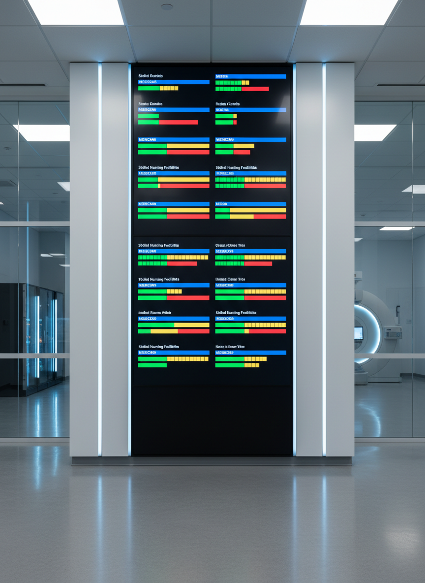 A large, wall-mounted digital dashboard in a modern hospital command center, displaying a clean interface of bed availability across multiple skilled nursing facilities, with clear color-coded status indicators for Medicaid and Medicare capacity. The dashboard is flanked by sleek white panels and muted blue accent lighting, set against a minimalist, glass-partitioned workspace with softly glowing medical equipment in the distance. Cool, diffused overhead LED lighting creates a crisp, clinical atmosphere with gentle reflections on the polished floor. Photographic realism at eye level with a wide-angle composition, sharp focus throughout, evoking a professional, calm, highly organized environment that visually communicates streamlined care transitions and data-driven decision-making without showing any people or text labels.