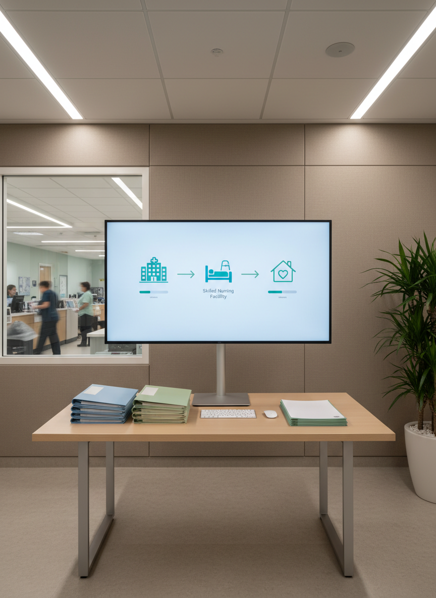 An expansive, photographic scene of a quiet hospital discharge planning room centered around a large, ultra-thin monitor displaying a visual care transition roadmap, with icons representing hospital, skilled nursing facility, and home. Surrounding the monitor on the table are color-coded folders, blank referral packets, and a sleek wireless keyboard, all meticulously arranged. The space features calming neutral walls, a large interior window showing a softly blurred nursing station, and a subtle green plant for warmth. Balanced overhead and indirect wall lighting create an even, low-shadow illumination that feels professional and composed. Shot from an eye-level perspective with rule-of-thirds composition, the atmosphere communicates clarity, collaborative planning, and structured transitions of care without any visible people or words.